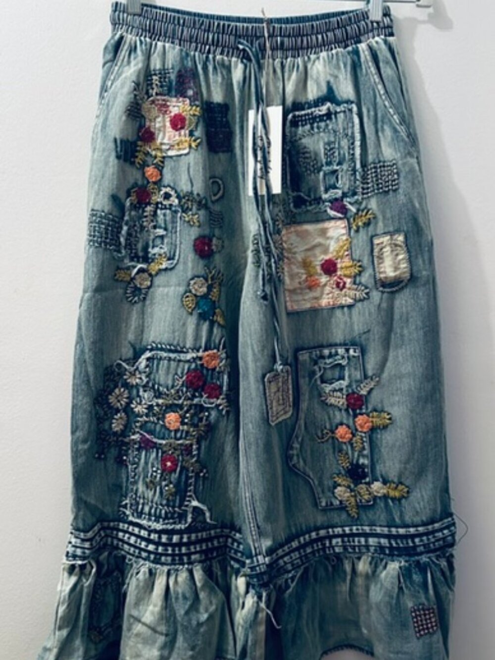 Blue Velvet Patchwork Embroidered Tie Waist Ruffle Hem Denim Bloomer Jeans NWT